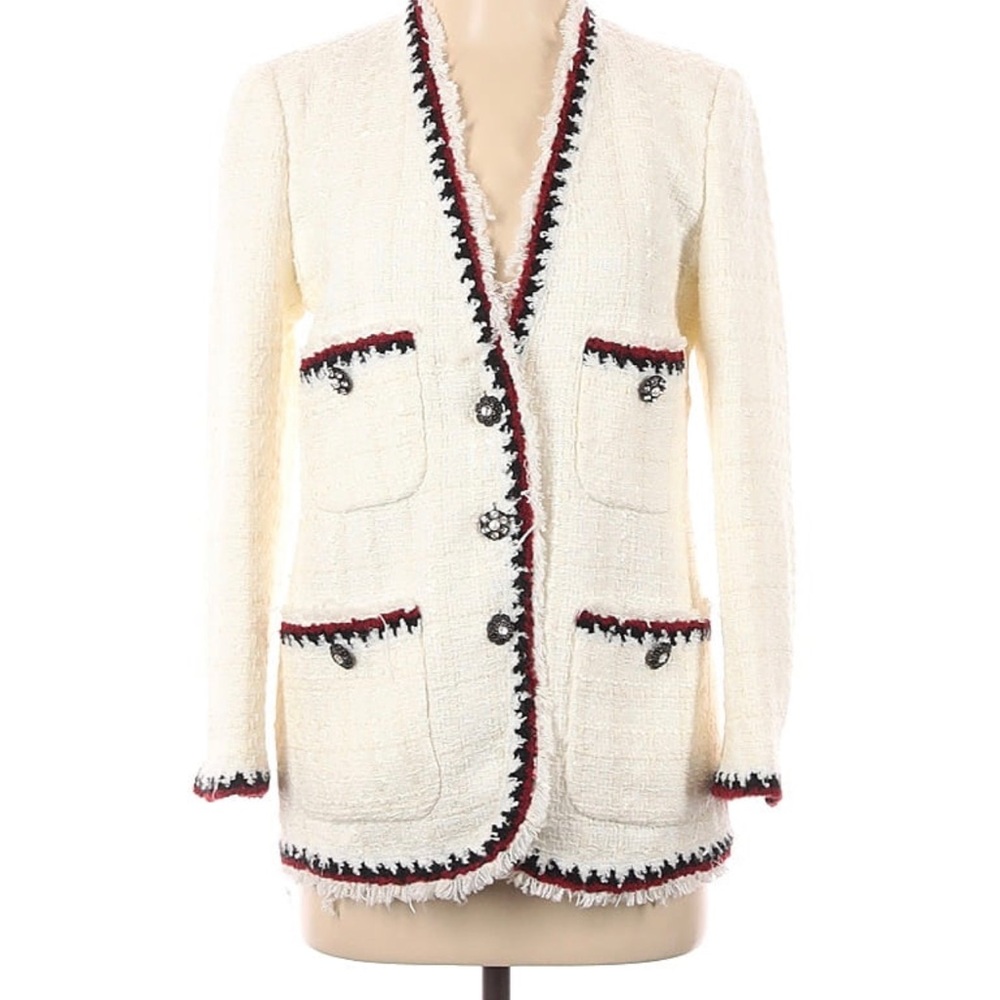 Zara White Tweed Blazer with Black and Burgundy Trim - Picture 3 of 4